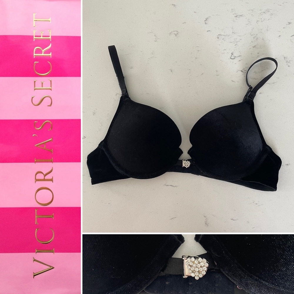 Victoria’s Secret Sexy Little Things Y2K Black Velvet Rhinestone Heart Bra 34B